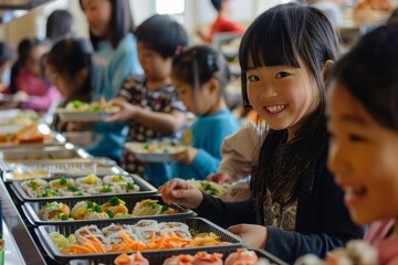 A group of young girls of Asian descent standing next to each other in front of trays of bento lunches, sharing a cultural exchange with their classmates