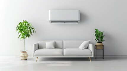 Modern air conditioner on a living room wall. The room is styled with minimalistic furniture and indoor plants