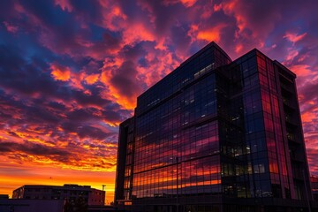 A very tall building stands under a colorful sky during sunset, creating a striking silhouette against the vibrant hues