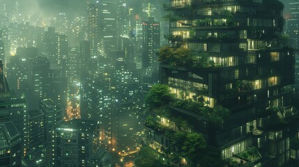 A cityscape where buildings morph into living organisms