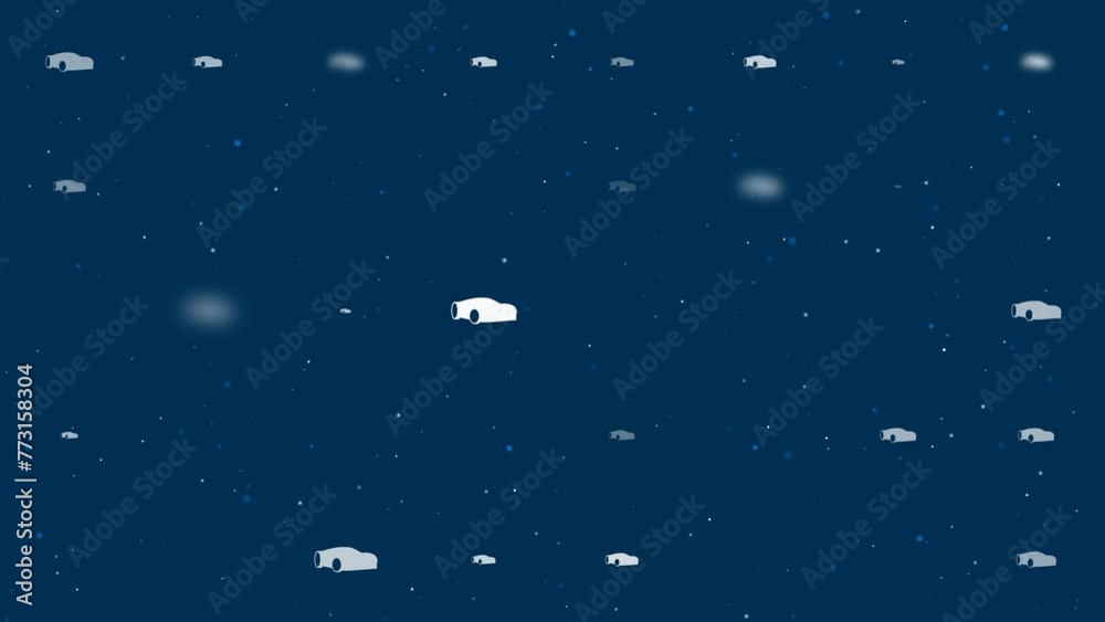 Poster template animation of evenly spaced sport car symbols of different sizes and opacity. animation of t
