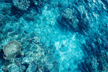 Aerial View of Sparkling Blue Sea with Coral Reefs, Nature Background