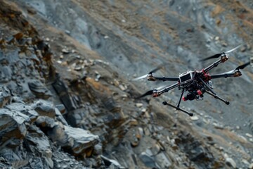Fototapeta na wymiar A black and red remote-controlled drone equipped with scientific tools for geological exploration flying low over a mountain
