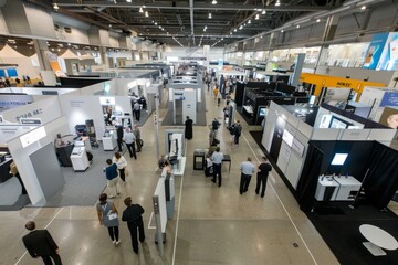 A group of individuals walking around the innovation showcase area of a commercial building, exploring booths from tech companies