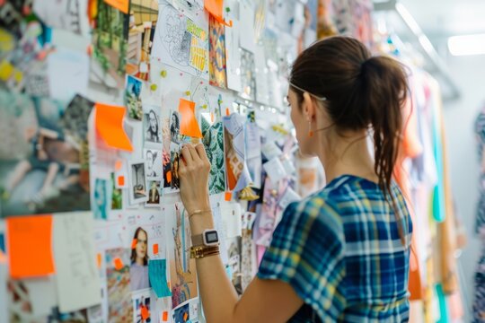 A woman is seen writing on a wall adorned with various pictures and images
