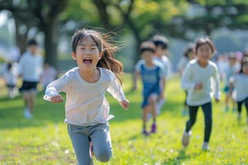 A group of elementary Asian students running and playing in a park