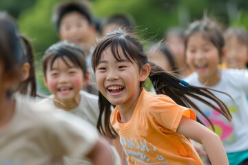 A group of elementary Asian students joyfully running together in a playful game