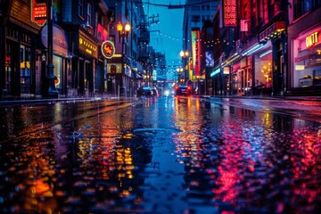 Lights from city buildings reflect on the wet pavement of a city street at night, creating a...