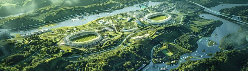 Stadium blending into the landscape powered by natural energy sources