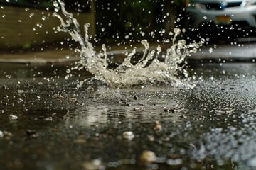 A car is seen driving down a street as water splashes up around it, capturing the dynamic movement and energy of the moment