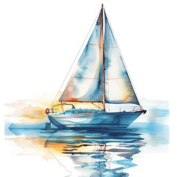 A watercolor clipart of a sailing boat on calm seas symbolizing summer adventures