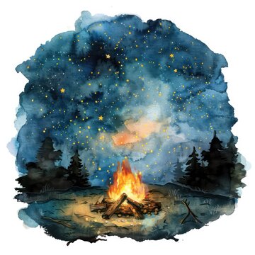 watercolor campfire under starry night sky clip art preview