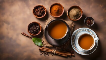 Top view of Indian Masala Chai or traditional beverage with tea, milk and spices Kerala India