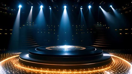 Glowing golden blue podium platform with bright shining projector lights and theatre stairs on background. Night show concept