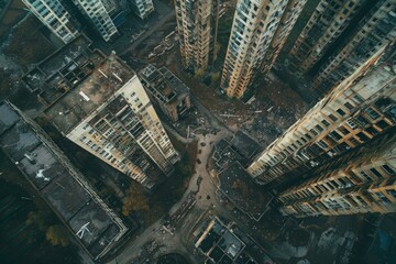 Capture the citys skyline from above, showcasing numerous tall buildings against a barren dirt landscape