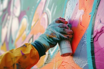 A person is actively spray painting a wall with vibrant and colorful paint, adding artistic flair to the urban environment
