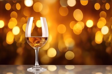 Wine glass with reflections on a bokeh light backdrop. Reflective White Wine Glass on Bokeh Light Background