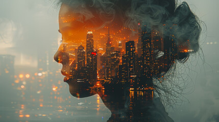 Generative ai illustration of a Double exposure of woman hands and green tree