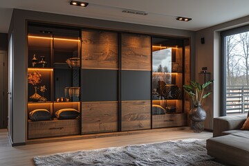 Wooden wardrobe with glossy sliding doors in minimalistic interior