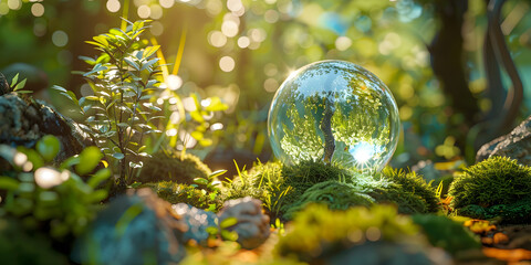 Crystal sphere symbolizing the planet earth on a green forest bed, concept of environment and sustainability
