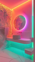 Neon sleek modern bathroom, luxurious atmosphere, illustration made with generative AI