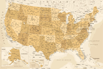 United States - Highly Detailed Vector Map of the USA. Ideally for the Print Posters. Golden Spot Beige Retro Style - obrazy, fototapety, plakaty