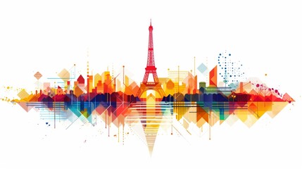 colorful abstract art of paris skyline and eiffel tower reflection in vibrant geometric style