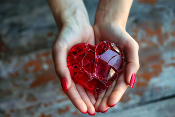 Broken glass heart with red cracked crystals in female hands on a grunge background