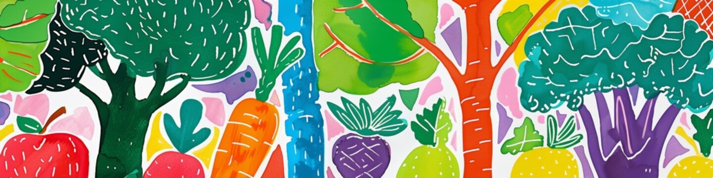 colorful abstract illustration of various trees with fruits and vegetables for artistic design backgrounds