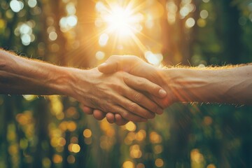 Warm Handshake in Sunlit Forest, Friendship Concept