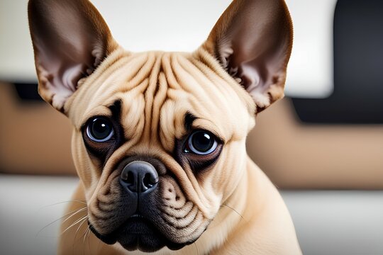 The french bulldog, (Bouledogue Francais), canine animal, a breed of companion dog or toy dog with wrinkled face, buldogue frances, closeup image