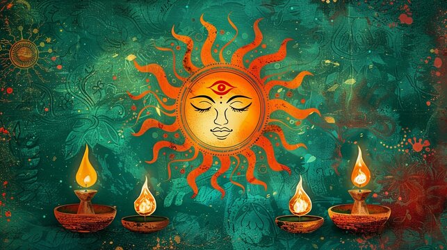Ethereal Sun Face Mural With Flaming Diyas On A Textured Teal Background. Sinhalese New Year Spiritual Celebrations and Greeting Cards. Digital illustration. AI Generated