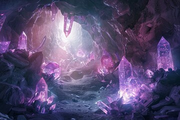 Illuminated crystals in an enigmatic cave, stirring ancient magic and awe. - obrazy, fototapety, plakaty
