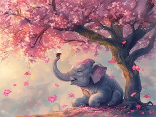 An elephant in a moment of tranquility sitting under a cherry tree in full bloom