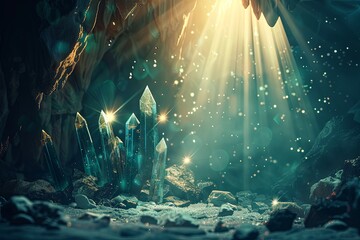 Illuminated crystals in an enigmatic cave, stirring ancient magic and awe.