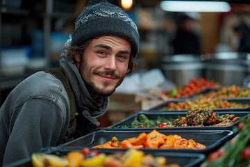 Young man volunteering at a homeless shelter handing out free food - obrazy, fototapety, plakaty