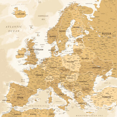 Europe - Highly Detailed Vector Map of the Europe. Ideally for the Print Posters. Golden Spot Beige Retro Style