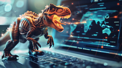 IT dinosaurs battling malware in a cyber-secured Jurassic Park - obrazy, fototapety, plakaty