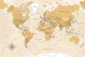 Fototapeta na wymiar World Map - Highly Detailed Vector Map of the World. Ideally for the Print Posters. Golden Spot Beige Retro Style. With Relief and Depth