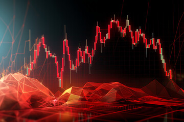 Digital illustration of a volatile cryptocurrency market crash with a red-hued downward trend line on a dark background. Generative AI - obrazy, fototapety, plakaty