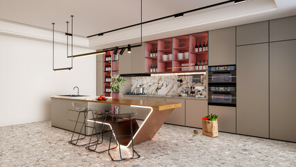 3d rendering modern kitchen advanced model full scene with dining table and chair interior design