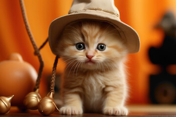 A peach-colored kitten in a cowboy hat, lassoing a tiny mouse on a peach background. - obrazy, fototapety, plakaty