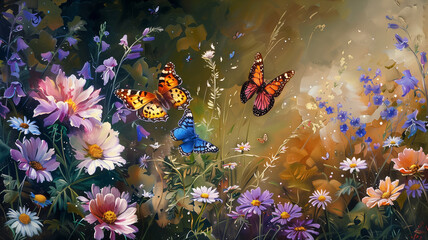 Obraz na płótnie Canvas Delicate wildflowers and butterflies on canvas with oil paints. Painting. Picture