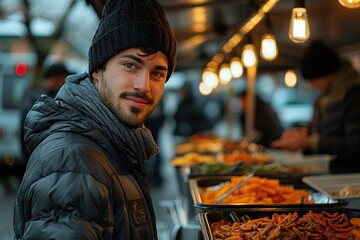 Volunteer at a ukrainian refugee shelter handing out food - obrazy, fototapety, plakaty
