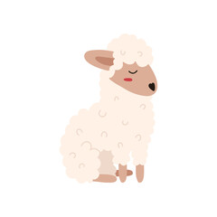 Fototapeta premium Cute hand drawn sheep sitting, cartoon flat vector illustration isolated on white background. Childish animal drawing.
