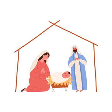 recommend clip art: Nativity scene, cartoon flat vector illustration isolated on white background. Stable with baby Jesus in manger, kneeling Mary and Joseph praying. Christmas holiday.
