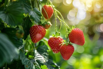   A tight shot of three ripe strawberries nestled among green leaves on a plant Sunlight filters through the foliage, casting dappled light upon the fruit - obrazy, fototapety, plakaty