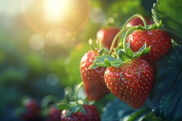   A tight shot of strawberries growing on a plant, with sunrays filtering through the foliage behind - obrazy, fototapety, plakaty