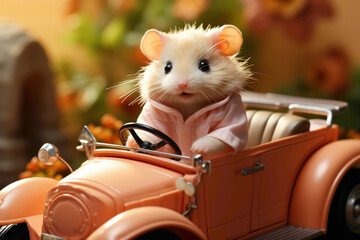 A peach-colored hamster in a peach-colored convertible, cruising on a peach background. - obrazy, fototapety, plakaty