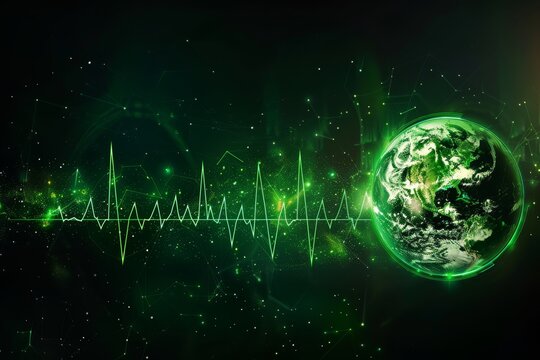   A central Earth image, colored green and black, encircled by a radiating wave symbolizing sound